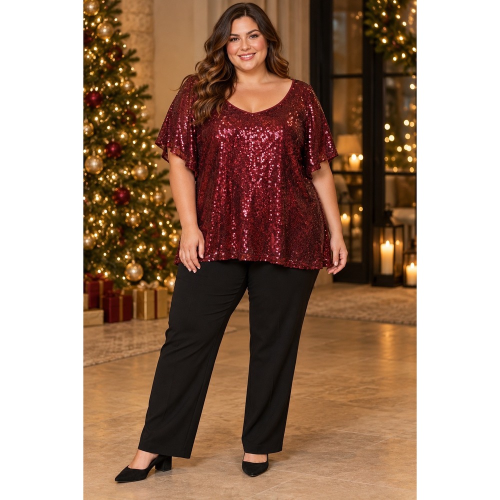 Lane Bryant Burgundy Sequin Flutter Sleeve Top Size 24 Plus Size Holiday Party